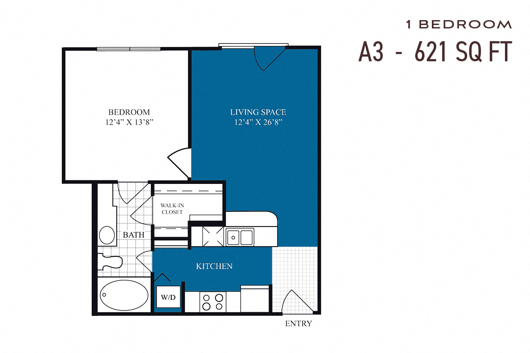 Floor plan for 1 bed, 1 bath, 621 sqft